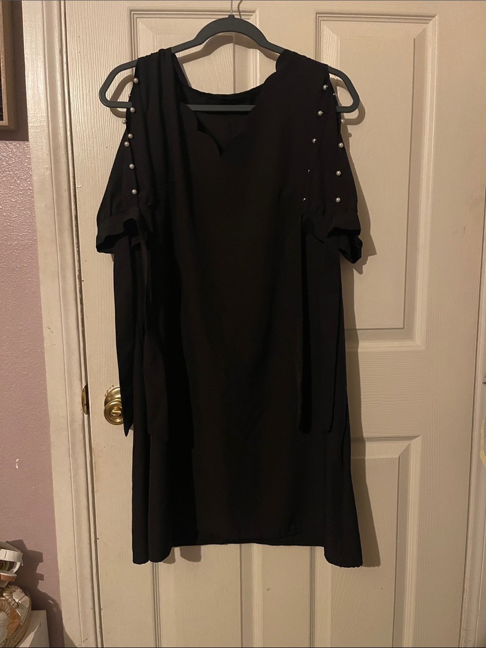 SHEIN Black Cold-Shoulder Midi Dress with Pearl Trim